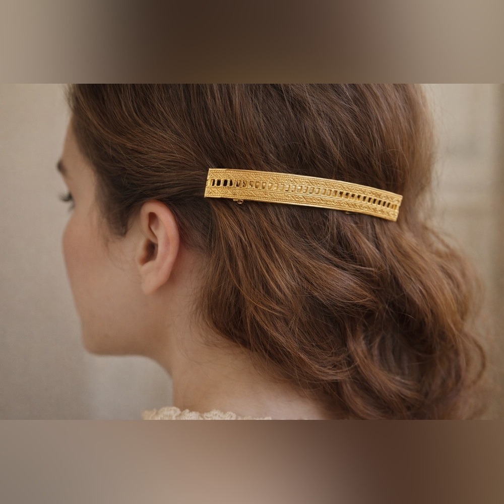 Vintage French Gold Tone Barrette | Made in France| Ornate Etched Design